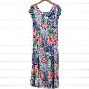 Jams World Colorful Floral Dress Split Short Sleeve Slit Midi Rayon Medium
